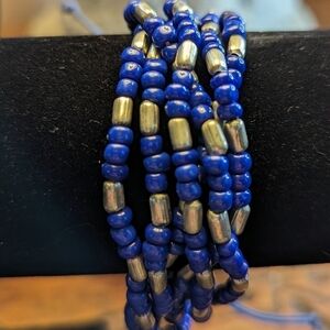 💙 Silver tone six strands blue glass beads adjustable bracelet 3" to 6"